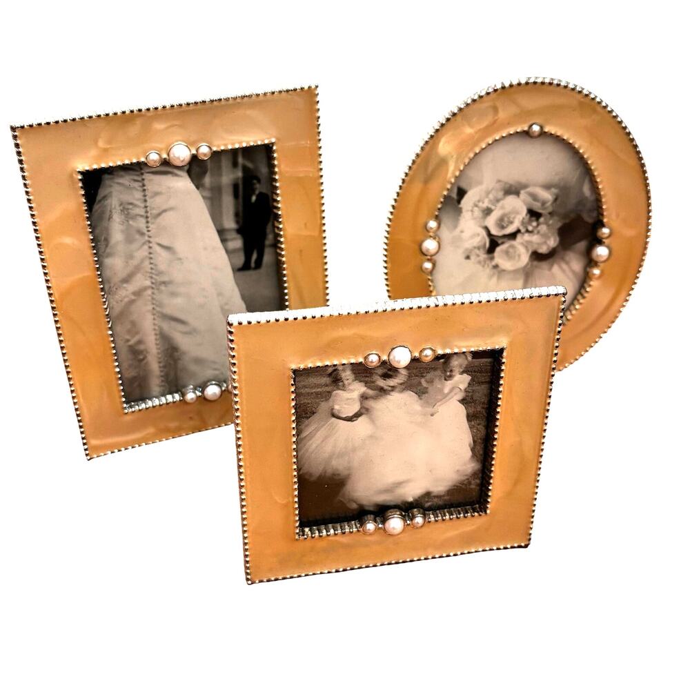 Trio of small photo frames (3) matching set cream enamel standing desktop style